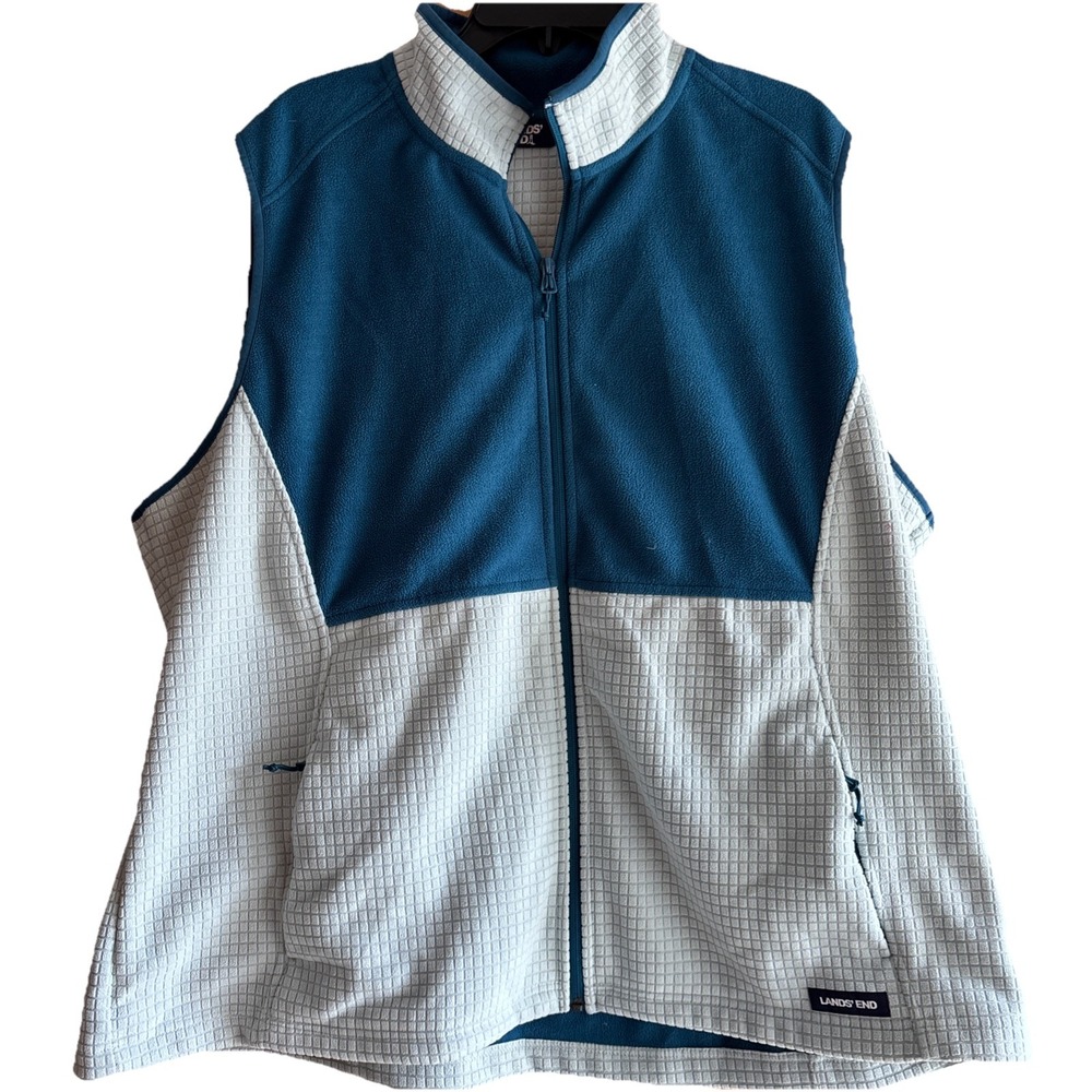 Lands End Women's 2X Teal Blue Full‎ Zip Fleece Sleeveless Pockets Casual Vest
